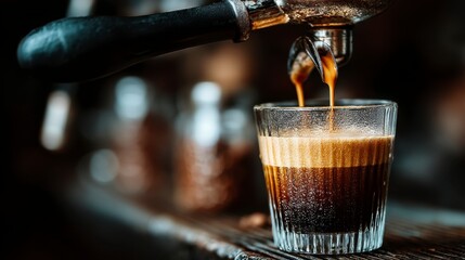 Espresso pouring into a glass, close up view. Dark background, rich colors.