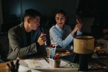 Two business coworkers collaborate on a project during an evening work session. The office environment is dimly lit, fostering a focused and relaxed atmosphere for innovative ideas and strategic