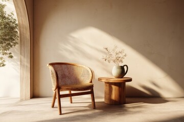 Minimalist Interior Design with Rattan Chair and Side Table