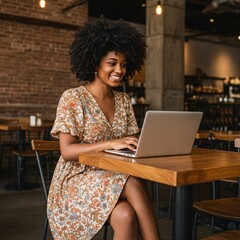 A candid, well-lit photo showcasing a young person with vibrant, curly hair using a laptop in a modern cafe setting with a warm, inviting atmosphere