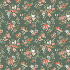 Vector seamless pattern. Pretty pattern in small flowers. Small pastel colors flowers. Green gray background. Ditsy floral background. Vintage floral template for fashion textile prints. Stock