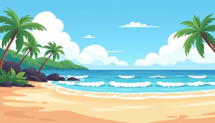 Obraz premium Idyllic Tropical Beach Scene Palm Trees Swaying Gently Beside Calm Ocean Waves on a Sunny Day