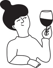 Girl Drinking Wine. Line Drawing Doodle