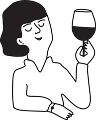 Girl Drinking Wine. Line Drawing Doodle