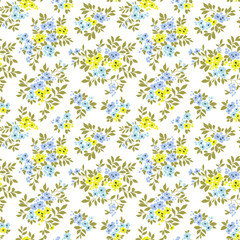 Cute floral background. Easter spring Floral pattern with small yellow and blue flowers on white background. Seamless pattern for design and fashion prints. Ditsy style. Stock vector illustration.