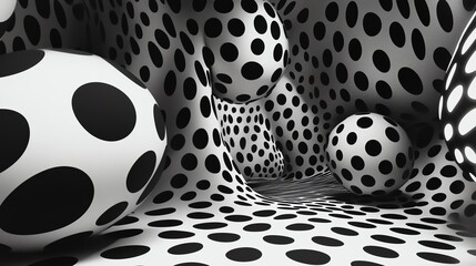 Abstract scene with spherical shapes and polka dots in a dynamic arrangement.