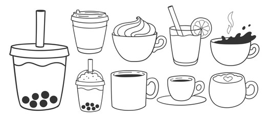 Vector illustration of coffee cups, bubble tea, and juice in black and white line art. Simple isolated beverage objects.