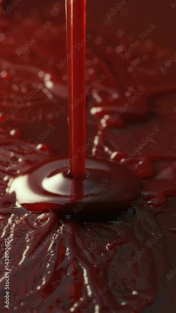 Poster a red liquid is pouring out of a container onto a surface. the image has a dark and ominous mood, as