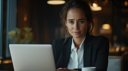 A woman sitting at a desk, engrossed in work on her laptop. She appears focused and determined.