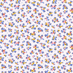 Cute floral background. Floral pattern with small red, blue and pink hand drawn flowers on a white background. Seamless pattern for design and fashion prints. Ditsy style. Stock vector illustration.