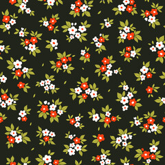 Floral pattern. Cute flowers on black background. Printing with small white and red flowers. Ditsy print. Seamless vector texture. Spring bouquet. Stock pattern. Cute ditsy background. Fashion print