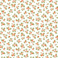 Spring floral background. Seamless vector pattern for design and fashion prints. Flowers pattern with small pink and orange flowers on a white background. Ditsy style. Cute fashion summer print. Stock
