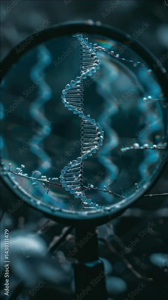 Poster a close up of a dna strand with a magnifying glass. concept of wonder and fascination with the compl