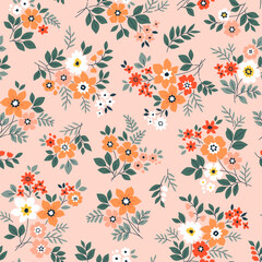 Fototapeta premium Beautiful floral pattern in small vintage flowers. Small white, red and orange flowers. Coral pink background. Ditsy print. Floral seamless background. Gentle template for fashion prints. Stock 