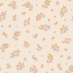Cute floral pattern. Pretty flowers on beige background. Printing with small pastel flowers. Ditsy print. Seamless vector texture. Spring bouquet. Vintage template for fashion prints. Stock vector