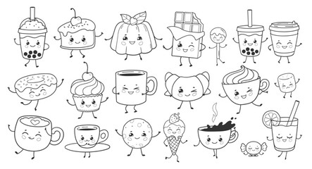 Vector illustration of cute food, coffee cups, desserts, bubble tea, and sweets in line art