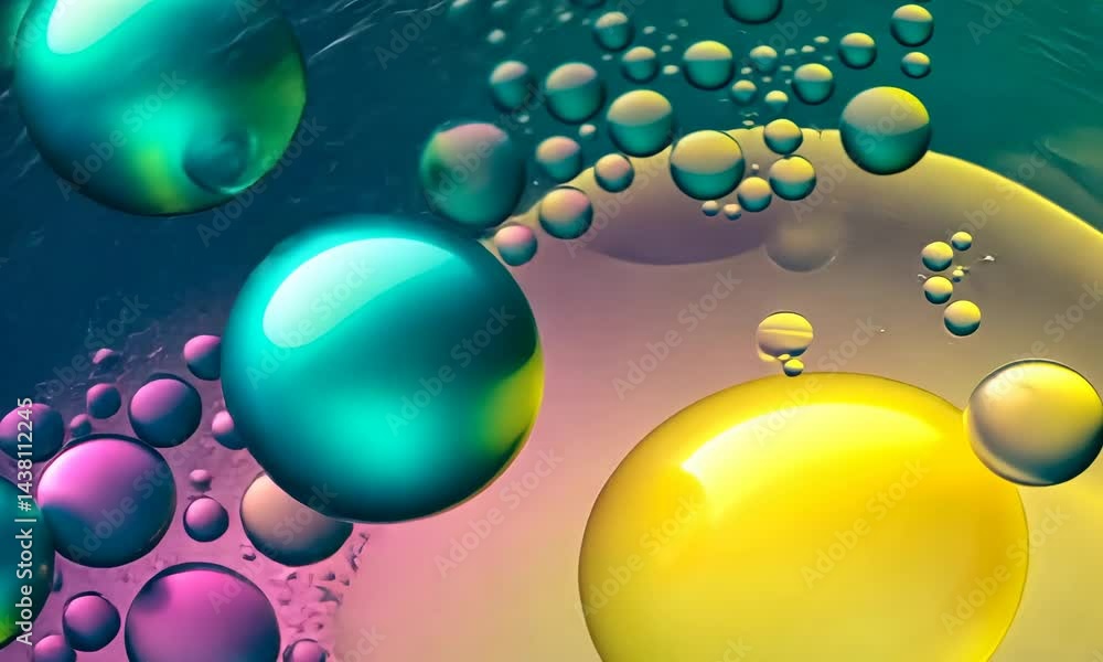 Poster abstract multicolor background with bubbles. oil drops in water with abstract blurred light on backg