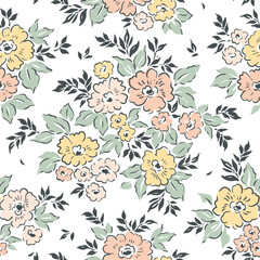 Vector seamless pattern. Vintage pattern in small flowers. Small yellow, pink and orange flowers. White background. Ditsy floral background. Hand drawn flowers. Abstract modern trendy pattern.