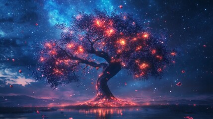 Naklejka premium Enchanted Luminescence, A Mystical Tree Aglow Under the Starry Night Sky