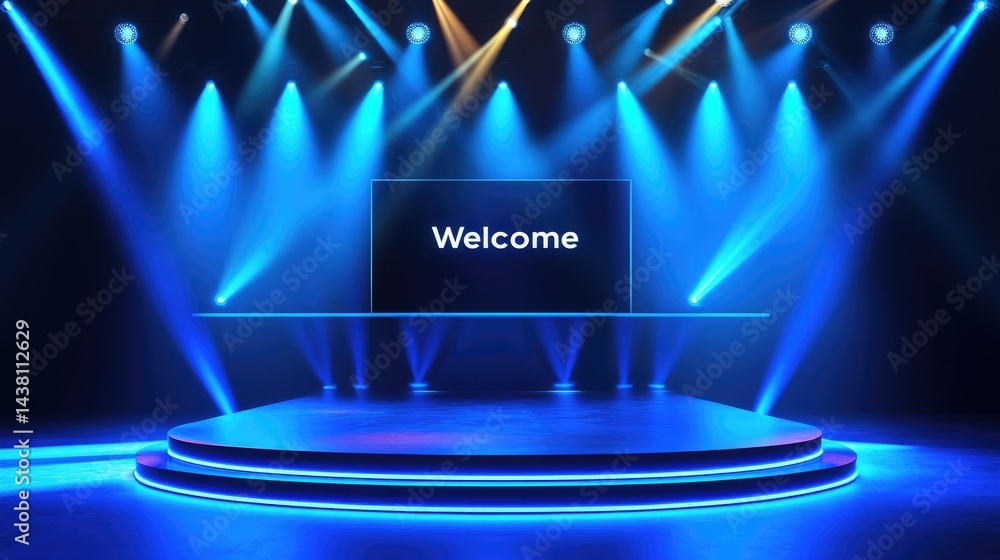 Poster empty event hall with stage, big led screen showing welcome title slide ready for keynote presentati