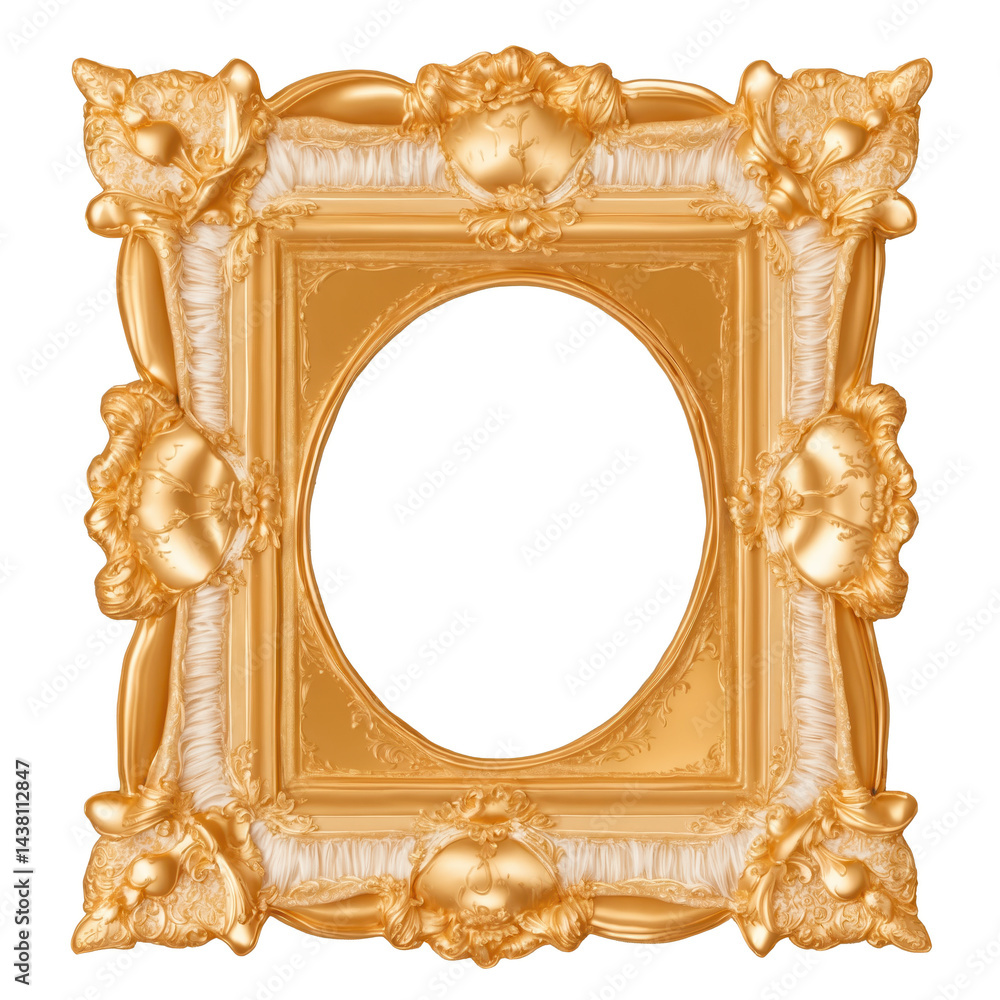 Poster ornate golden picture frame with intricate details and a blank oval space on a transparent backgroun