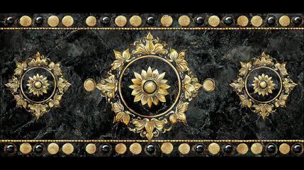 Gilded floral medallions adorn a speckled black marble surface