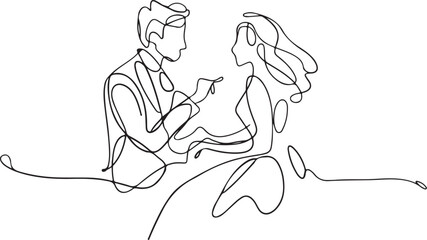 A minimalist black linear sketch of a man flirting with a woman during a romantic date, depicted in continuous line art on a white background