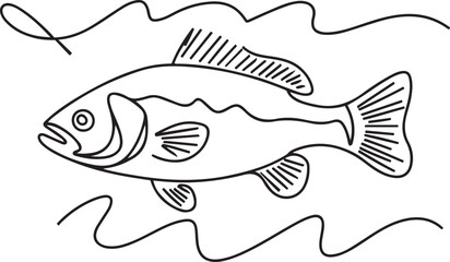 A minimalist vector illustration of a fish in continuous line art drawing style, in a black linear design with a clean look on white background
