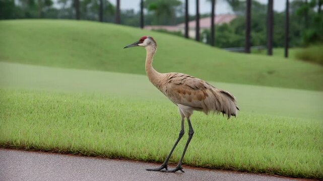 Sandhill crane walks along a grassy pathway in a suburban neighborhood under overcast skies in late afternoon