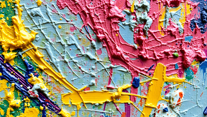 Closeup of a textured abstract oil painting with bold palette knife strokes, layered paper, and vibrant blue-orange hues. Expressive impasto texture creates a tactile, dynamic visual effect.

