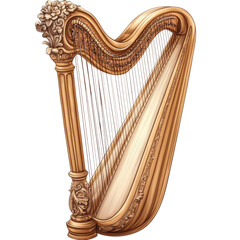 Golden Harp's Melody: An exquisitely crafted golden harp with intricate carvings and strings, embodies musical elegance and classical beauty. It is a visual symphony of form and grace.