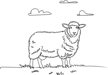 A minimalist black linear design of a sheep in continuous line art style, isolated on a white background, offering a simple and clean illustration