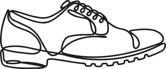 A minimalist black and white vector illustration of classic men's dress shoes with a pointed toe and narrow heel drawn in continuous line art style