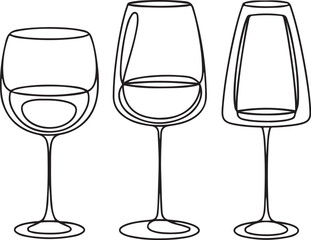 A minimalist black linear design of various wine glasses in continuous line art style, created for wine tasting and drinking on a white background