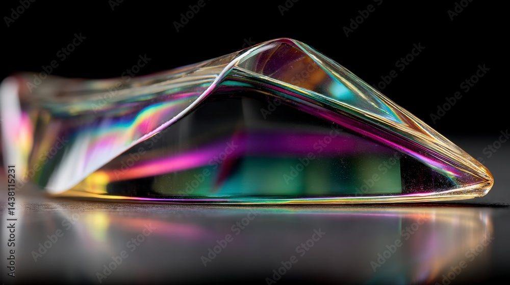 Poster abstract iridescent glass sculpture with curved and angular shapes, reflecting light on a dark surfa