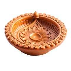 Intricate Carved Wooden Diwali Diya Lamp isolated on transparent background