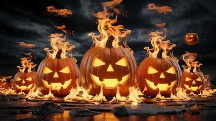 Glowing jack o' lanterns burning brightly, casting eerie shadows against menacing night sky during halloween season.
