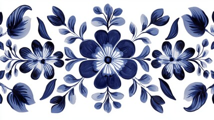 Fototapeta premium Floral border with blue flowers and leaves in a symmetrical pattern on a white background design element