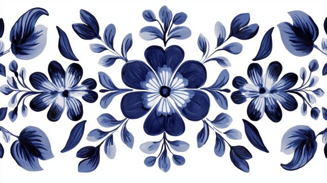 Floral border with blue flowers and leaves in a symmetrical pattern on a white background design element