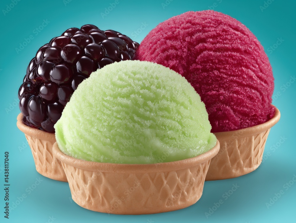 Poster trio of colorful ice cream scoops including blackberry lime and raspberry in waffle cups on bright s