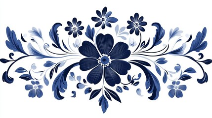 Blue floral arrangement with large central flower and surrounding smaller blossoms and stylized leaves