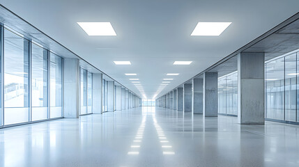 Modern architectural hallway urban office space image of clean surfaces bright ceiling lights minimalist design aesthetic patterns