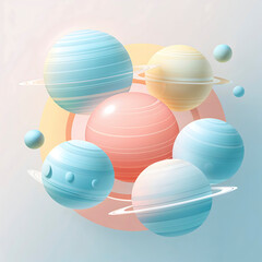 Colorful depiction of planets and celestial bodies floating in space with rings and atmospheric effects