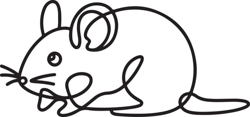 Mouse in continuous line art drawing style, featuring a cute small rodent with black linear design isolated on a white background for a charming aesthetic.