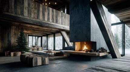 Modern mountain cabin interior with a large fireplace, wooden beams, and a Christmas tree. Snow covered landscape visible through large windows.
