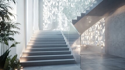 Obraz premium Staircase in bright office lobby. Modern architecture background for corporate use