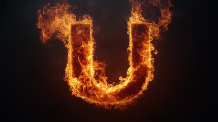 Fiery letter U, burning, dark background, abstract design, graphic element