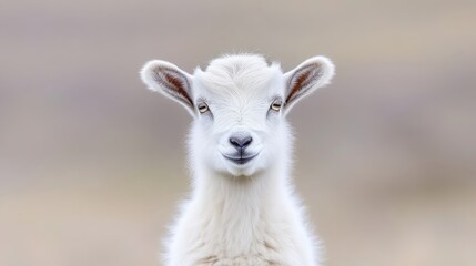 Fototapeta premium White Kid Goat Soft Fur, Natural Light High Resolution, Front Portrait View, Fluffy Texture, Smiling Calmly, Blurred Field Background, Pure White Serenity, Perfect for Childrens Books