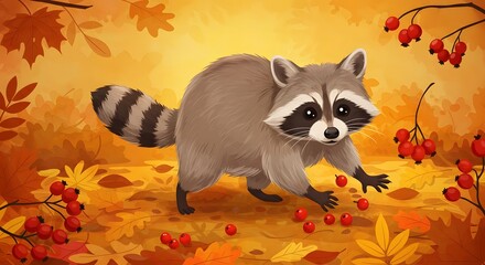 Raccoon Foraging for Berries in Autumnal Leaves Illustration Style Art