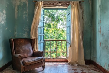 Worn leather chair by open window with flowing curtains